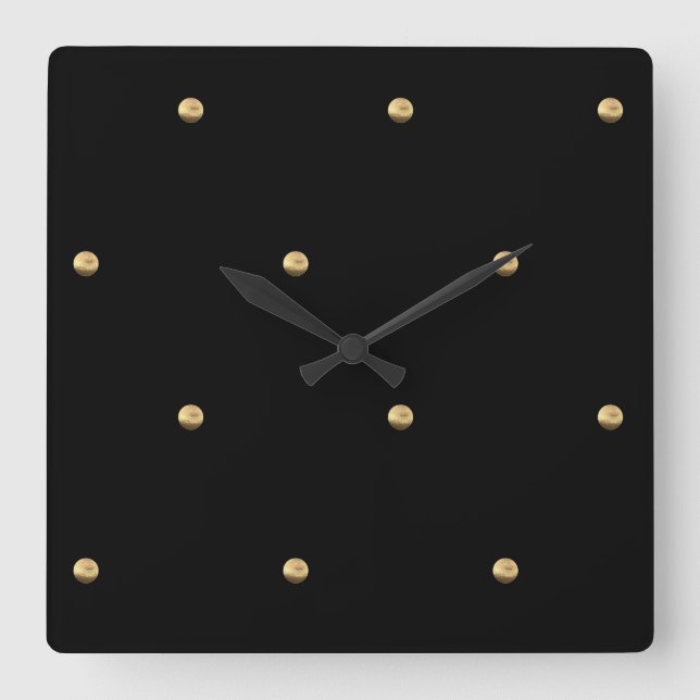 Schwarz und Gold Polka Dots Muster Minimalistisch Quadratische Wanduhr (Vorderseite)