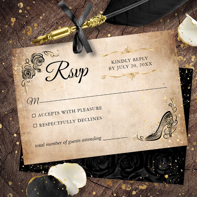 Schwarz und Gold Prinzessin Elegante Hochzeit RSVP Karte (Create your own elegant black and gold RSVP card on an easy DIY template for your fairy tale event.)