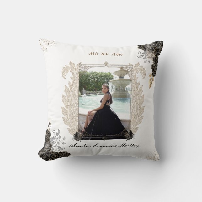 Schwarz und Gold Quinceañera Pillow für Quince Año Kissen (Vorderseite)