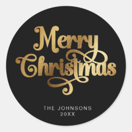 Schwarz und Gold Retro Frohe Weihnachtsschrift Cus Runder Aufkleber
