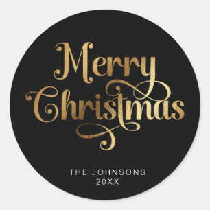 Schwarz und Gold Retro Frohe Weihnachtsschrift Cus Runder Aufkleber