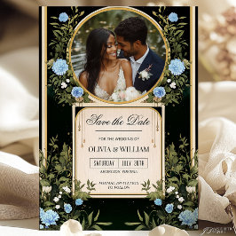 Schwarz und Gold Save the Date mit Blue Florals In Einladung