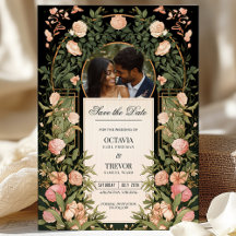 Schwarz und Gold Save the Date mit Rosa Florals