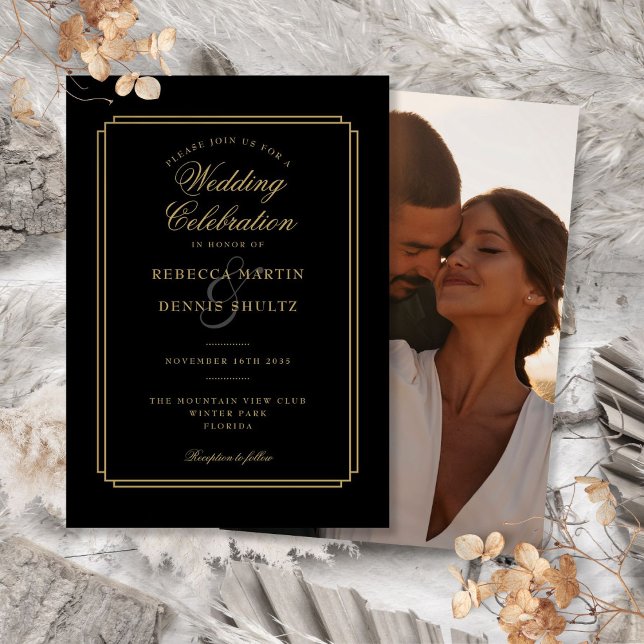 Schwarz und Gold Script Art Deco Foto Hochzeit Einladung (Black and Gold Script Art Deco Photo Wedding Invitation)