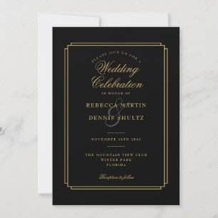 Schwarz und Gold Script Art Deco Hochzeit Einladung