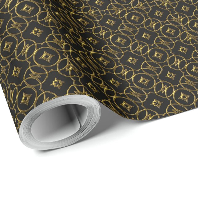 Schwarz und Gold Shiny Geometrisches Muster Elegan Geschenkpapier (Rolleneckpunkt)