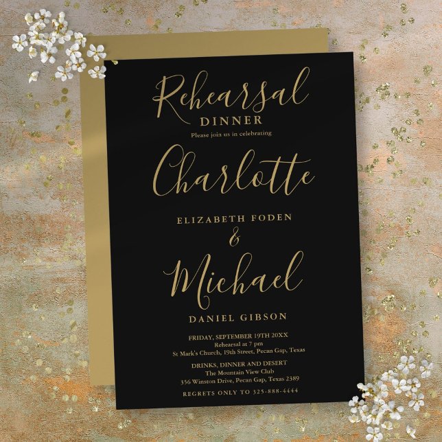 Schwarz und Gold Signature Script Probe Abendessen Einladung (Black And Gold Signature Script Rehearsal Dinner Invitation)