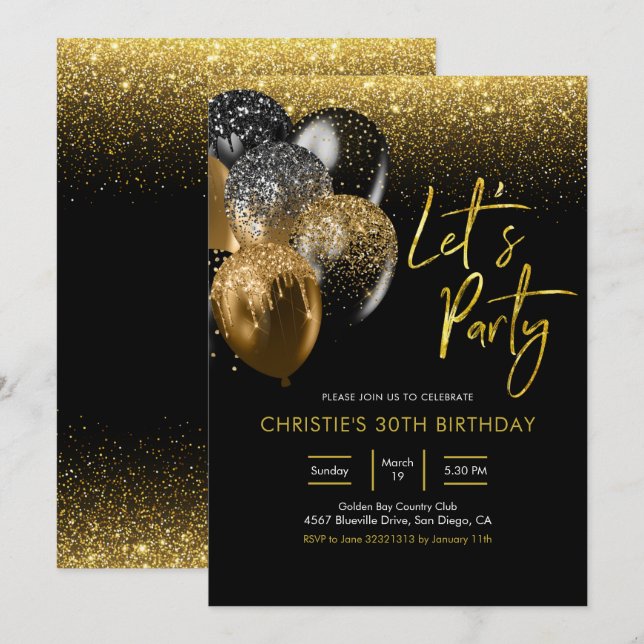 Schwarz und Gold Sparkling Lasst uns Party Einladu Einladung (Vorne/Hinten)