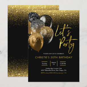 Schwarz und Gold Sparkling Lasst uns Party Einladu Einladung