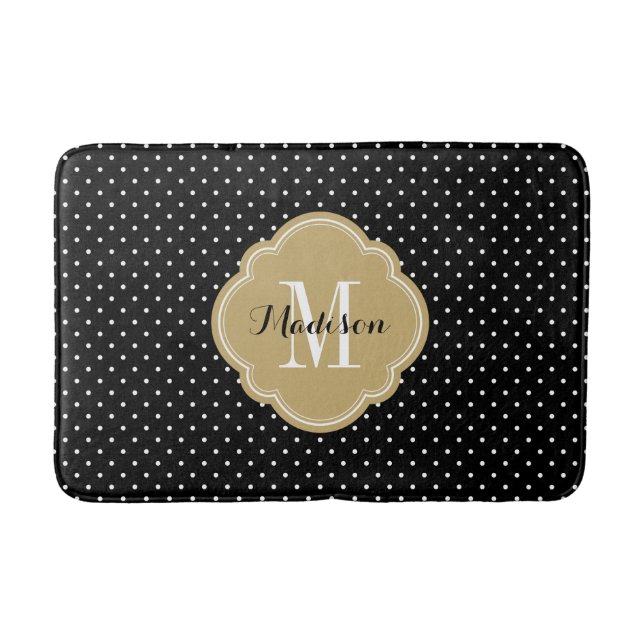 Schwarz und Gold Tiny Dots Monogram Badematte (Vorderseite)