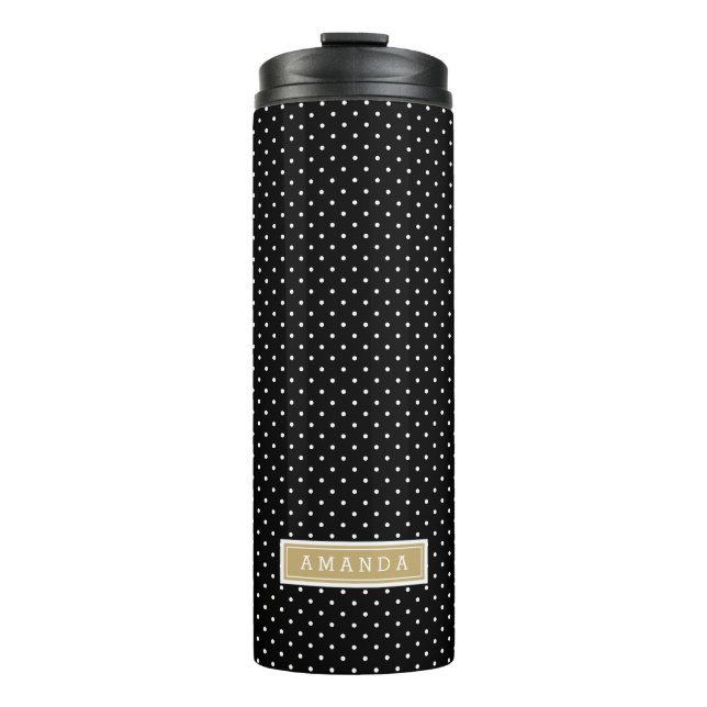 Schwarz und Gold Tiny Dots Monogram Thermosbecher (Vorderseite)