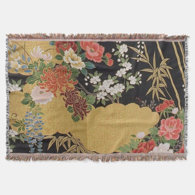 Schwarz und Gold Traditionelle japanische Kimono F Decke (Vorderseite)
