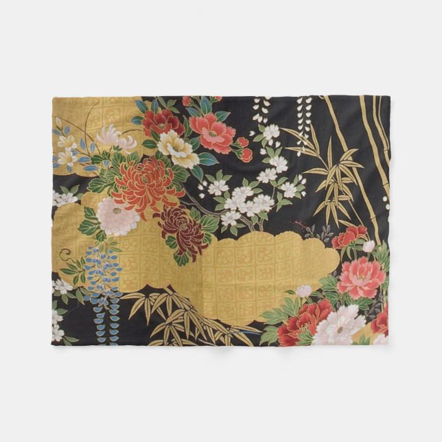Schwarz und Gold Traditionelle japanische Kimono F Fleecedecke (Vorderseite (Horizontal))