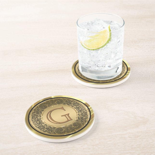 Schwarz und GoldCircle Floral Design monogramiert Getränkeuntersetzer (Seite)