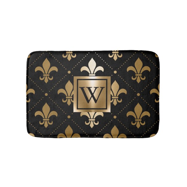 Schwarz und Golden Fleur-de-lis Badematte (Vorderseite)