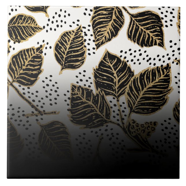 Schwarz und Golden Floral Fliese (Vorderseite)