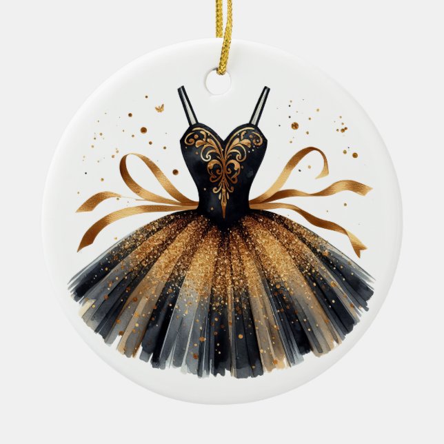 SCHWARZ- UND GOLDGLITZER SEHEN BALLET TUTU KERAMIK ORNAMENT (Vorne)