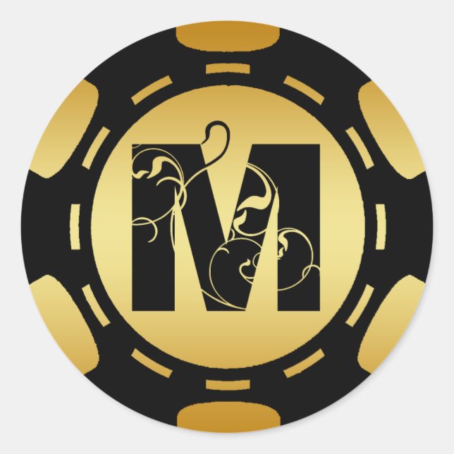 SCHWARZ- UND GOLDMONOGRAMM SCHREIBEN M POKER CHIP RUNDER AUFKLEBER (Vorderseite)