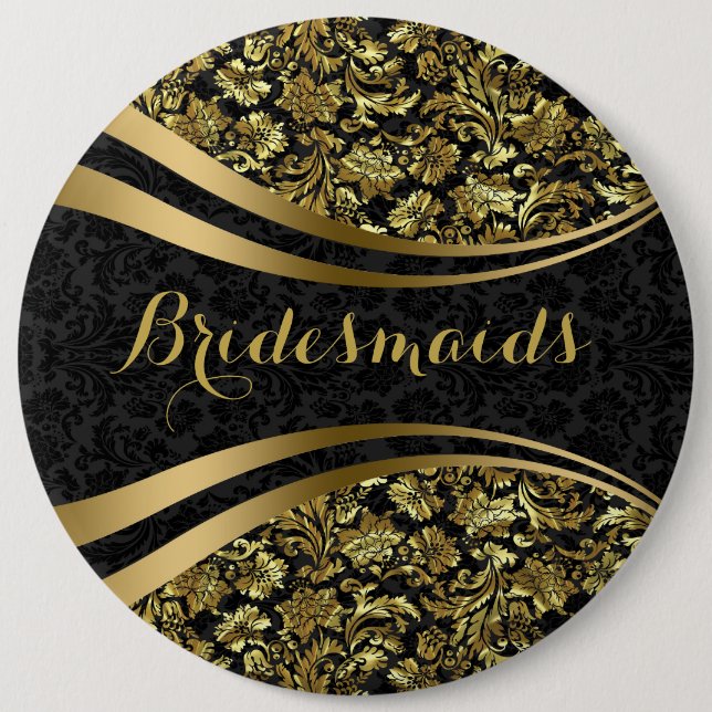 Schwarz und Gp;d florale Damaskus Bridesmaids Button (Vorderseite)