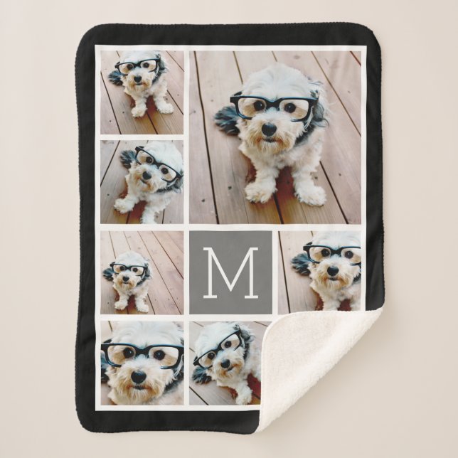 Schwarz und Grau 8 - klassische Monogramm Sherpadecke (Vorderseite)