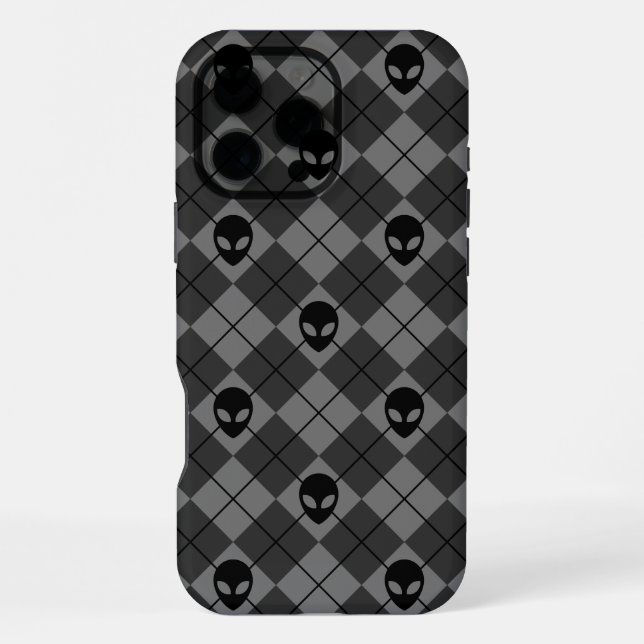 Schwarz und Grau Alien Argyle-Muster iPhone Hülle (Rückseite)