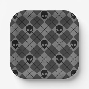 Schwarz und Grau Alien Argyle-Muster Pappteller