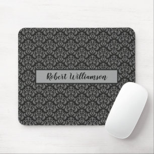 Schwarz und Grau Damask Mit Monogramm Mousepad