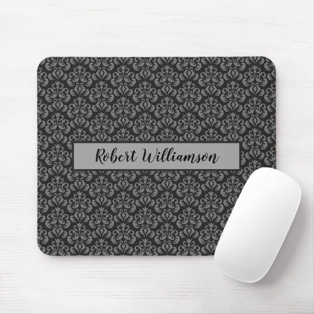 Schwarz und Grau Damask Mit Monogramm Mousepad (Mit Mouse)