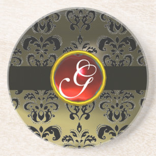 Schwarz und Grau Damast Rote Rubine Monogramm Sandstein Untersetzer