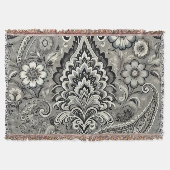 Schwarz und Grau Floral Paisley Elegance Decke (Vorderseite)