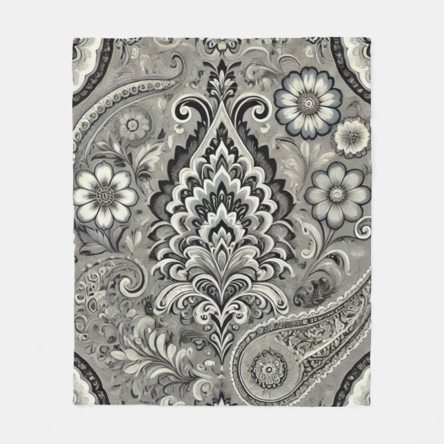 Schwarz und Grau Floral Paisley Elegance Fleecedecke (Vorderseite)