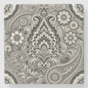 Schwarz und Grau Floral Paisley Elegance Steinuntersetzer