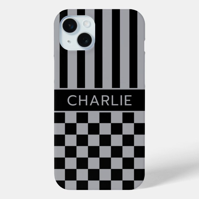 Schwarz und Grau Kariert Gestreift Personalisiert Case-Mate iPhone Hülle (Rückseite)