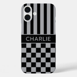 Schwarz und Grau Kariert Gestreift Personalisiert iPhone 16 Plus Hülle