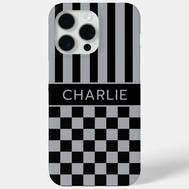 Schwarz und Grau Kariert Gestreift Personalisiert Case-Mate iPhone Hülle (Rückseite)