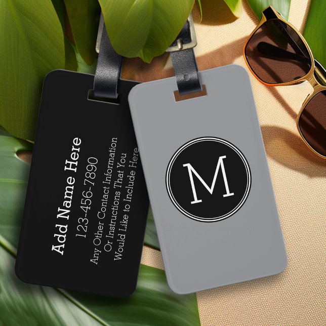 Schwarz und Grau mit Monogramm Gepäckanhänger (Custom Photo Collage Luggage Tag)