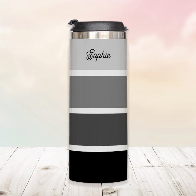 Schwarz und Grau | Ombre Stripes mit Script-Fleece Thermosbecher (A stylish tumbler with neutral black and gray ombre stripes)