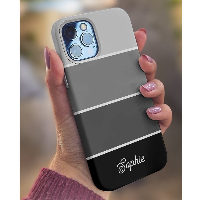 Schwarz und Grau | Ombre Stripes with Script iPhone Hülle (A trendy striped neutral black and gray phone case with your name in script)