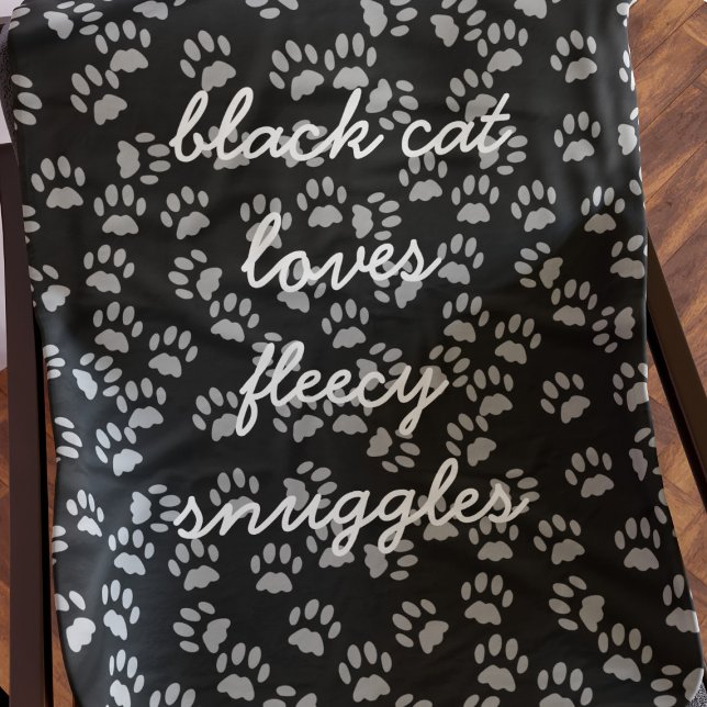 Schwarz und Grau Paw Print Cat Name Fleece Blanket (Black cat loves fleecy snuggles any time of year. Add your text to this soft and warm fleece blanket)