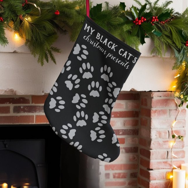 Schwarz und Grau Paw Print Pet Weihnachten Strumpf Kleiner Weihnachtsstrumpf (Just add your black cat's name)