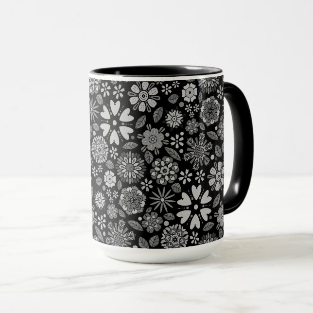 Schwarz und Grau Retro florale Kunst Nahtloses Mus Tasse (VorderseiteRechts)