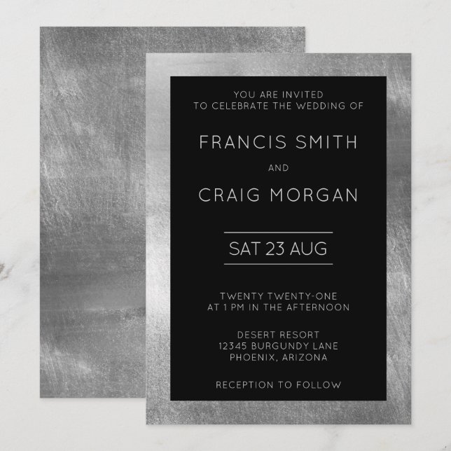 Schwarz und Imitate Silberfolie Moderne Hochzeit Einladung (Vorne/Hinten)