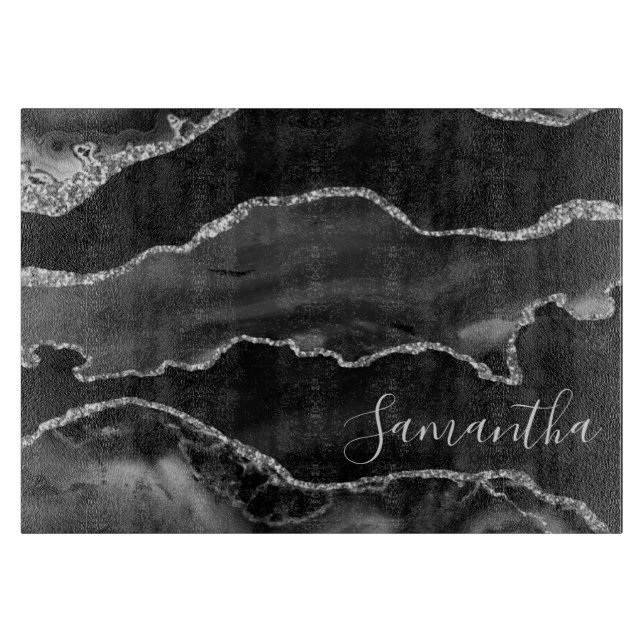 Schwarz und Imitate Silberner Glitzer Marmormatte Schneidebrett (Vorderseite)