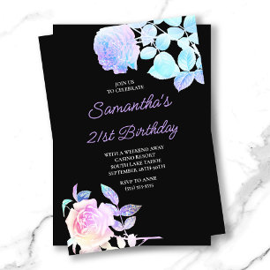 Schwarz und Iridescent Floral 21. Geburtstag Einladung