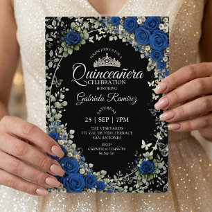 Schwarz und königlich Blau Quinceañera Silber Schm Einladung