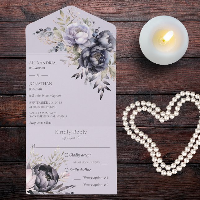 Schwarz und Lavendel All In One Einladung (Also available with QR code. )