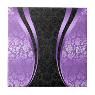 Schwarz und Lavendel Lila Blumen Damast Fliese