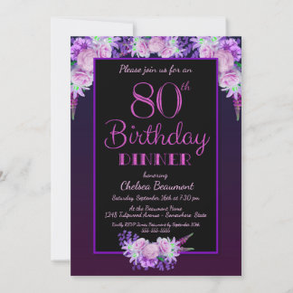 Schwarz und Lila floral 80. Geburtstag Abendessen Einladung