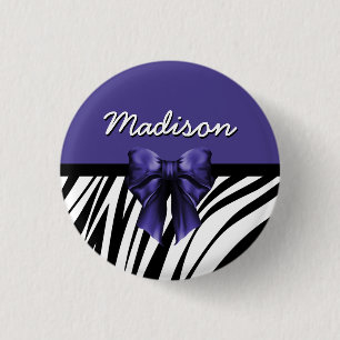 Schwarz und Lila Ribbon Bow Zebra Print Button