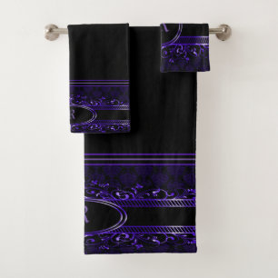 Schwarz und Lila Verziertes Gothic Mit Monogramm Badhandtuch Set